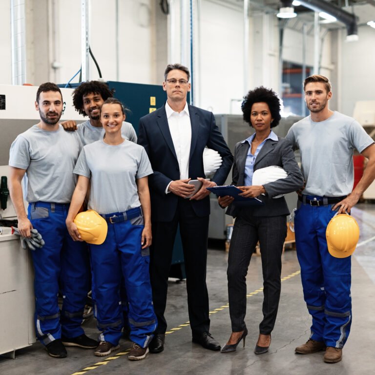 Portrait of group of engineers and corporate managers standing in a factory and looking at camera.